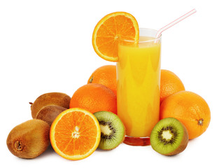 Glass of juice and tropical fruits