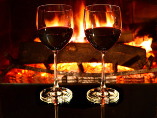 Romantic dinner for two, two glasses of red wine 
