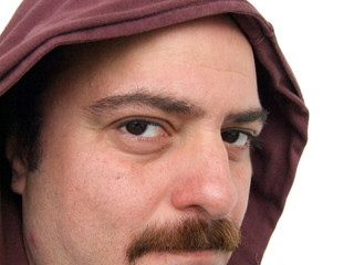 man with maroon hood