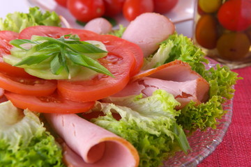Fresh salad with onion, tomato and basil