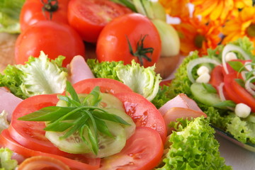 Fresh salad with onion, tomato and basil