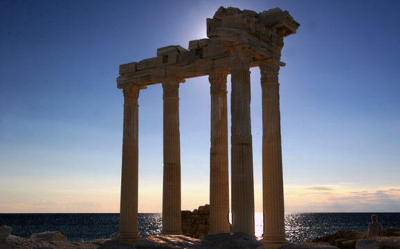 Great Sunset view over the Side Roman Arches and the ocean