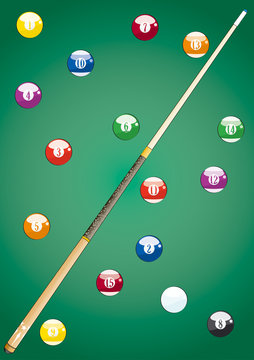 pool balls and cue