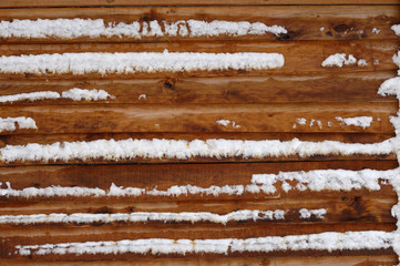 Log House Wall Covered with Snow