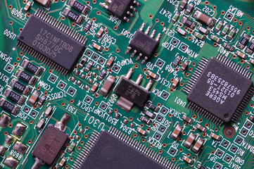 Circuit board with microchips. Close-up.