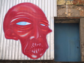 Wellblech mit abschreckender Fratze und T&uuml;r