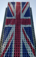 union jack projected onto iconic british corporate building