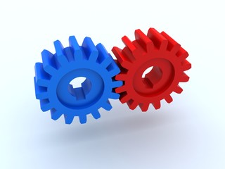 Two gears from plastic of blue and red color