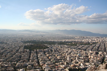 Athens general view from above. Roofs, buildings and hills. 