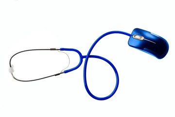 Stethoscope and of mouse lying on white background
