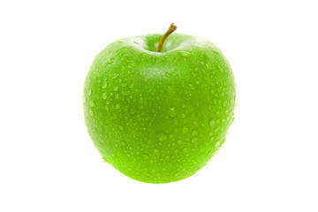 Wet juicy green apple isolated on white background.