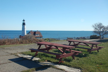 Picnic Tables overlooking a Maine Lighthouse