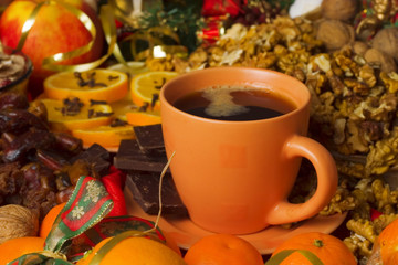 Cup of coffee on Christmas table