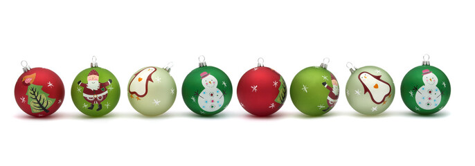 Row of pretty Christmas baubles isolated on white