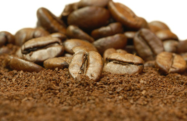 fresh ground coffee and coffee beans