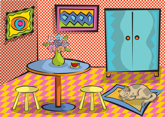 cartoon funky room with cat illustration