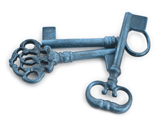 old keys in blue tones against white