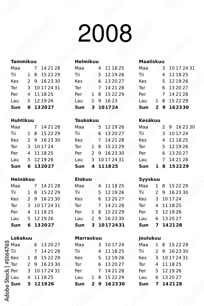 Wall mural calendar template 2008 - finnish