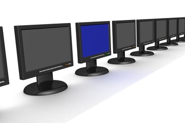 A line of the switched off monitors and one included.