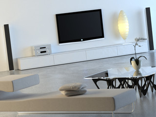 White interior with plasma TV