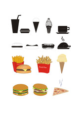 A set of fastfood vector icons in color, and black and white