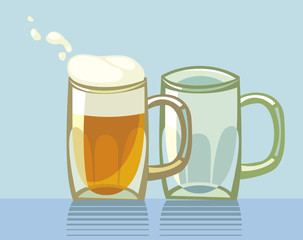 Two beer glasses. One glass is full of frothed up beer.