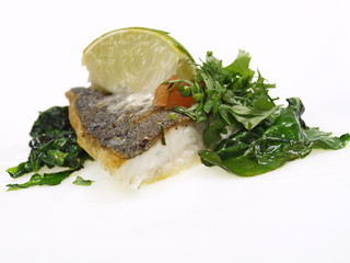 gebratenes doraden filet auf blatt spinat
