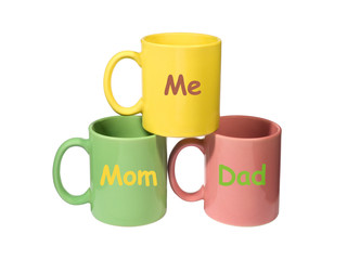 Three colorful mugs - Mom, Dad, Me (family)