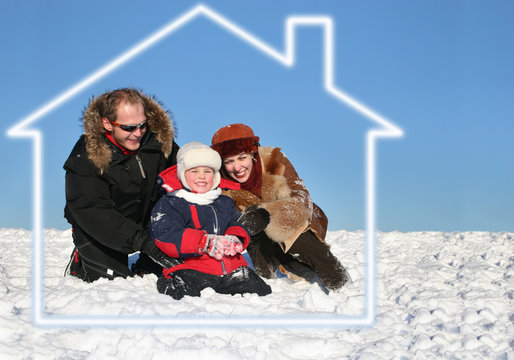 Winter Family Sit On Snow