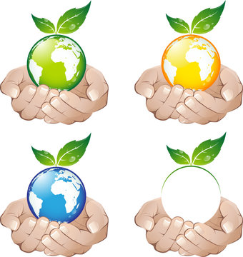 Terre &agrave; feuilles au creux des mains, image vectorielle