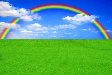 Obraz na płótnie Canvas Zielona trawa z niebieskiego nieba i tęcza