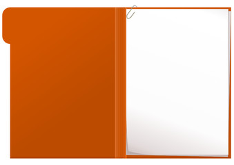 Dossier orange ouvert et feuille de papier vierge
