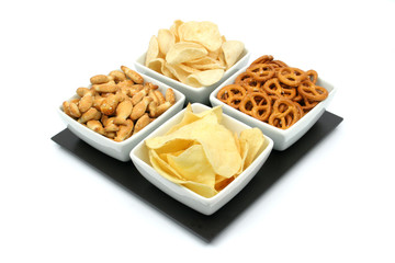 potato chips and snacks, isolated on white