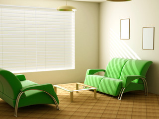 Interior in light tones sofa table window jalousie