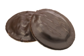 Two jaffa cake biscuits isolated on white background