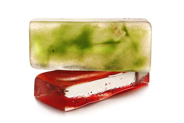 Red and green bricks from transparent glass