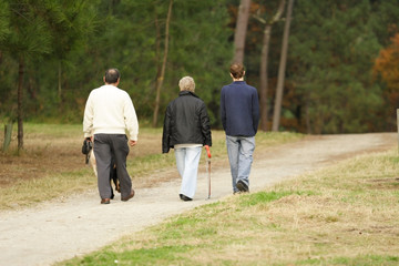 groupe de personnes entrain de se promener dans les bois