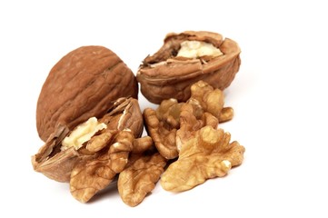 pieces of walnuts on white background