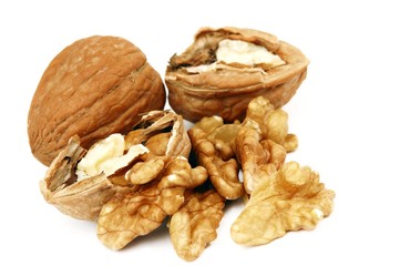pieces of walnuts on white background