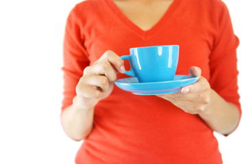 girl with blue coffe cup