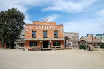 Saloon and gallow in an old American western town