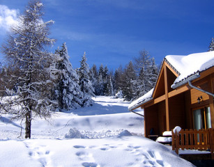 Chalet sous la neige