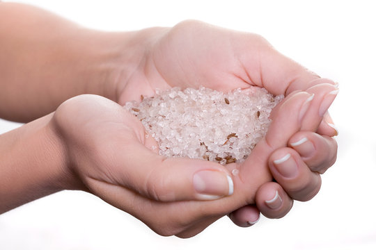 Cosmetic salt in hands