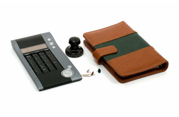 calculator, notebook & press
