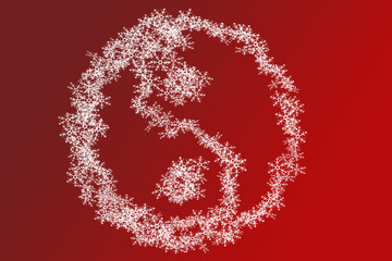 in and yan from snowflakes on red gradient background - obrazy, fototapety, plakaty