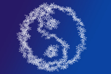 in and yan from white snowflakes on blue gradiend background