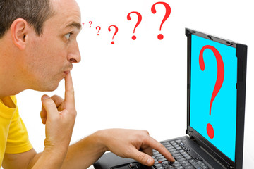 A man looking confused to the PC.