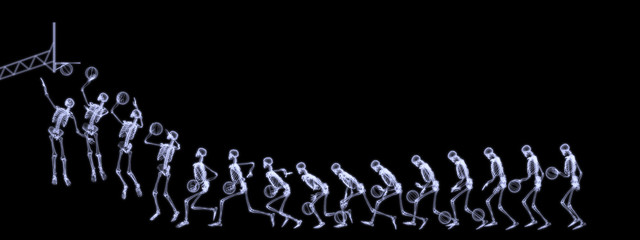 Sequenced xray of a human skeleton playing basketball