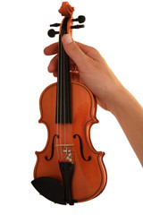 Fototapeta na wymiar Małe skrzypce w dłoni. Białym tle, to jest izolowana