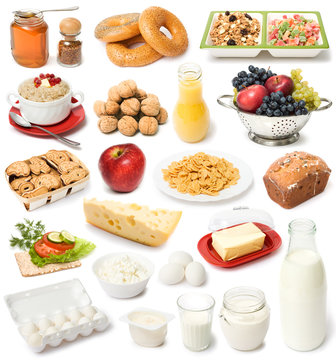 image set of fresh food on white background